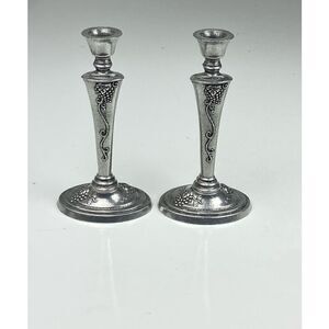 Vintage 1997 Carson Pewter Taper Candle Holder Pair of 2 Vineyard Grapes 7.5” CC